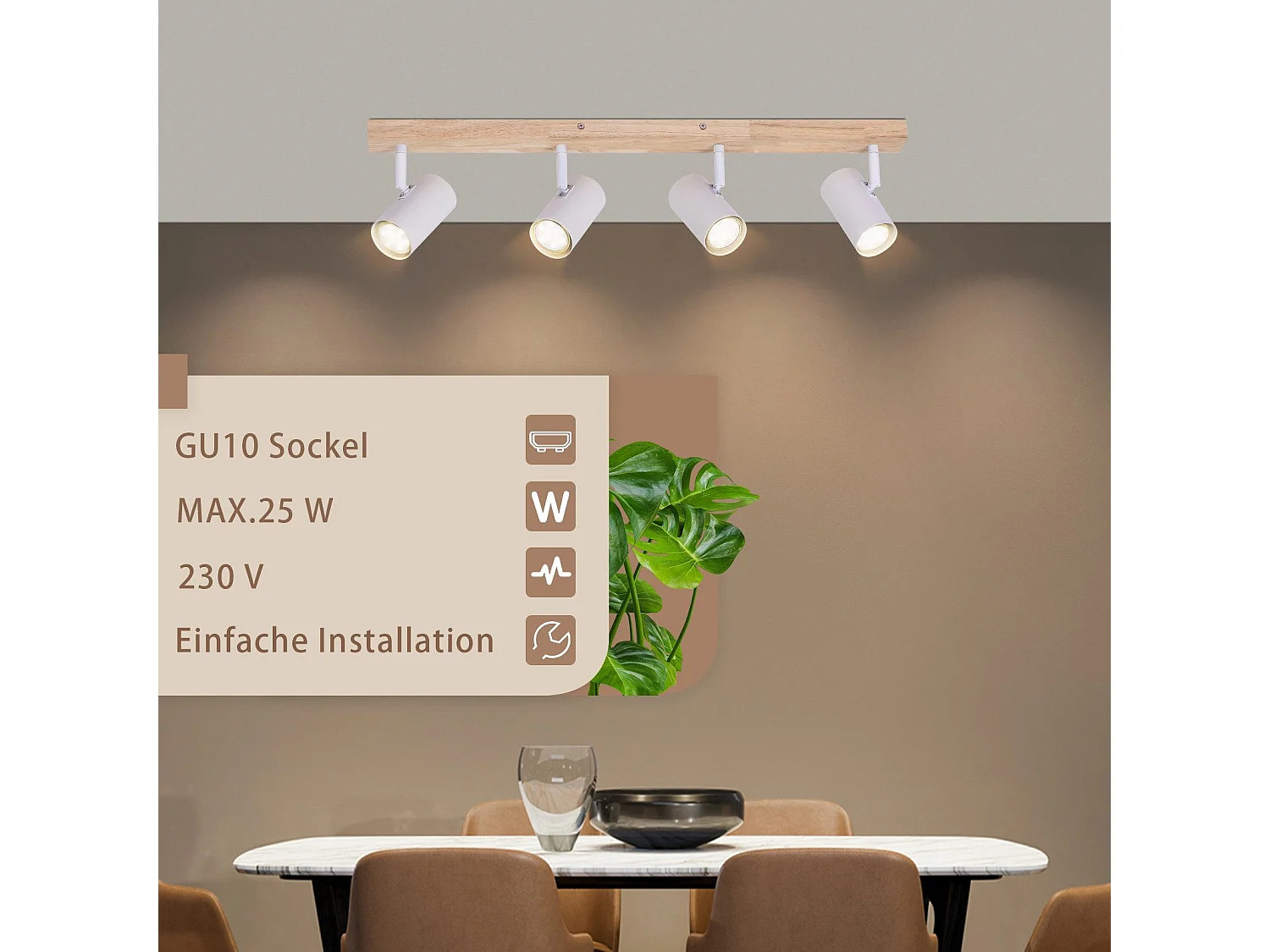 NETTLIFE Plafocéntero de 4 bombillas, plafocéntero de madera blanca GU10 Vintage giratorio 350°