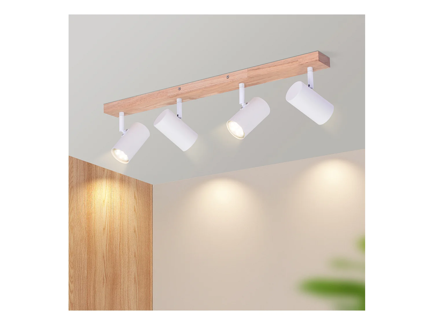 NETTLIFE Spot de Plafond 4 Ampoules Plafonnier en Bois Blanc GU10 Vintage Pivotant 350°