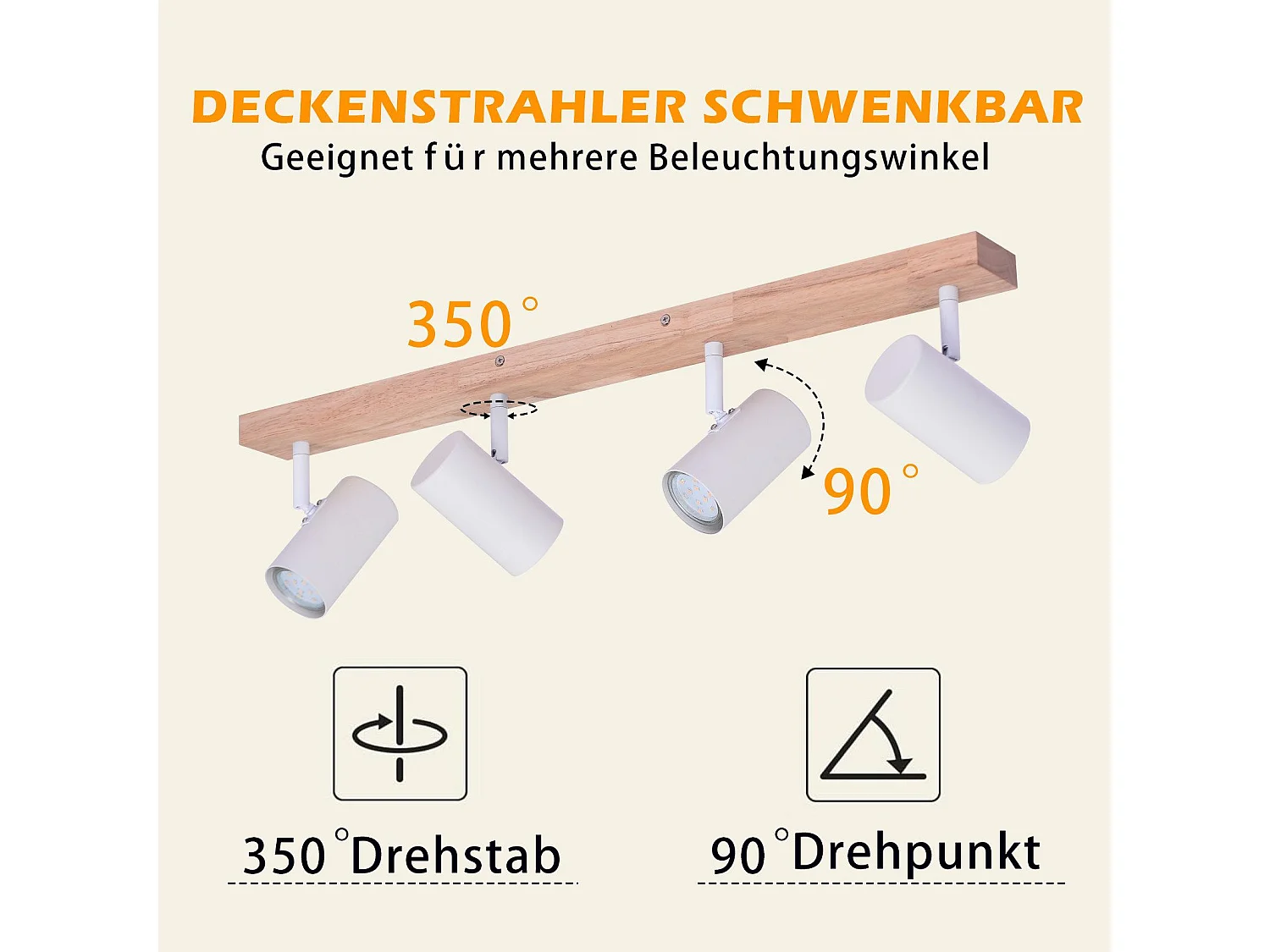 NETTLIFE Spot de Plafond 4 Ampoules Plafonnier en Bois Blanc GU10 Vintage Pivotant 350°