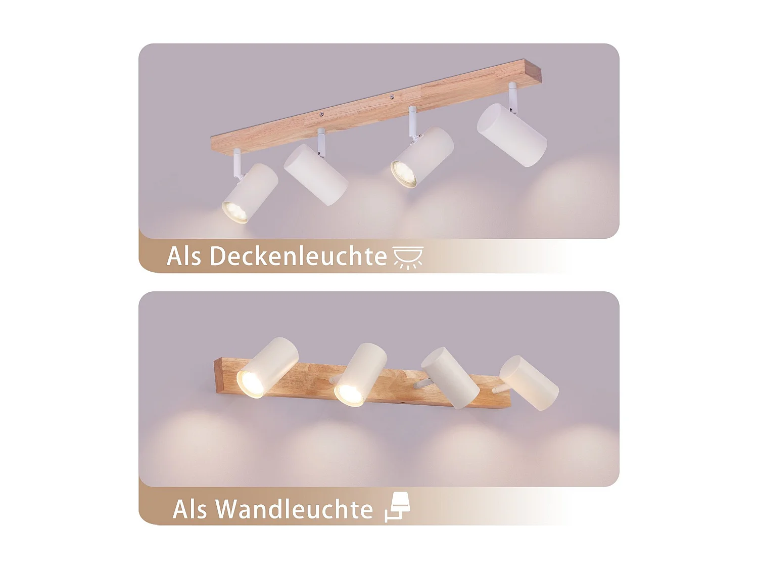 NETTLIFE Spot de Plafond 4 Ampoules Plafonnier en Bois Blanc GU10 Vintage Pivotant 350°