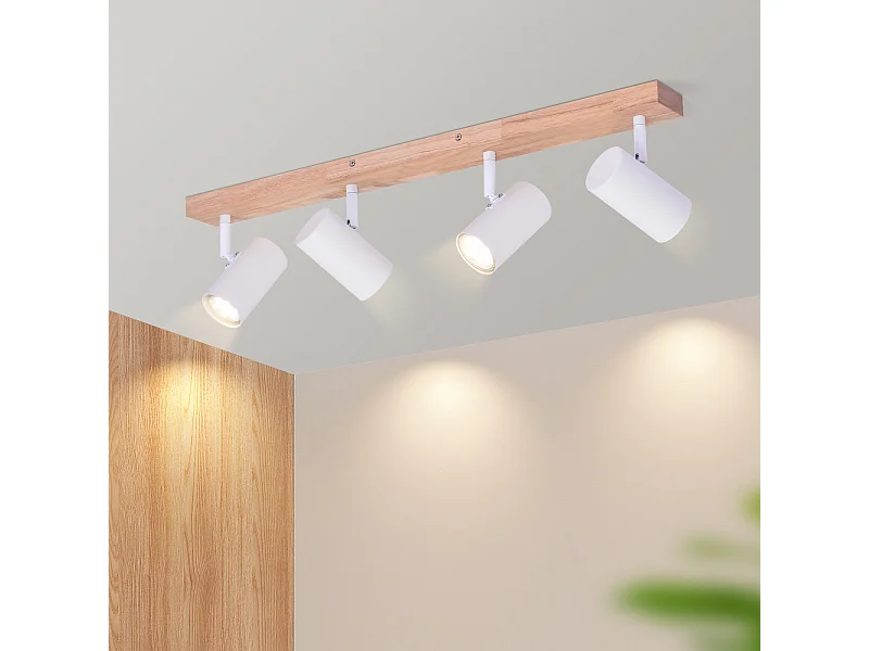 NETTLIFE Spot de Plafond 4 Ampoules Plafonnier en Bois Blanc GU10 Vintage Pivotant 350°