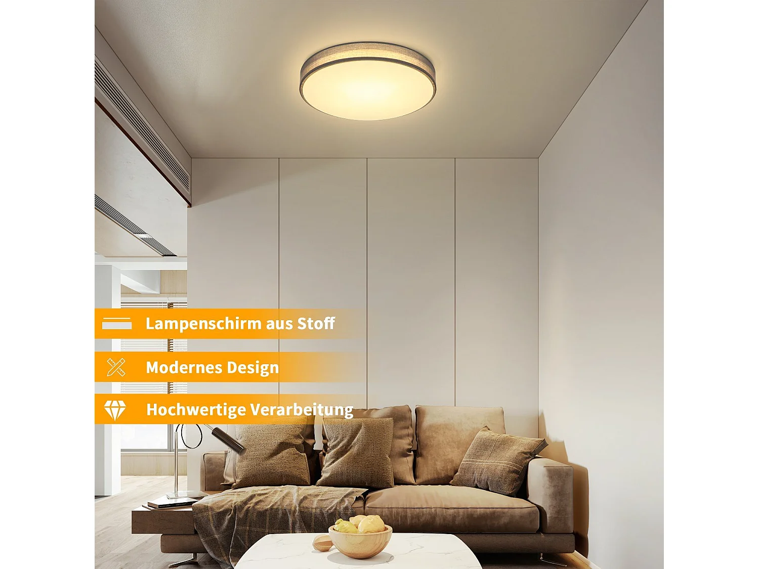 NETTLIFE Lampa Sufitowa Okrągły Abażur Tkanina Szary Nowoczesna Kuchnia Łazienka Sypialnia Przedpokój 30CM 12W