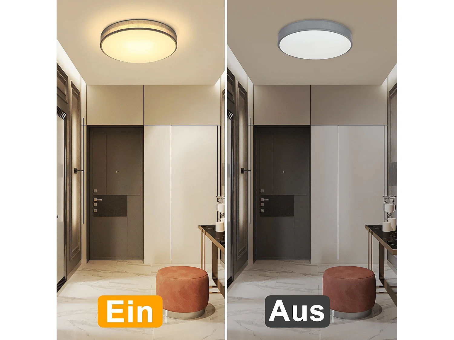 NETTLIFE Lampa Sufitowa Okrągły Abażur Tkanina Szary Nowoczesna Kuchnia Łazienka Sypialnia Przedpokój 30CM 12W