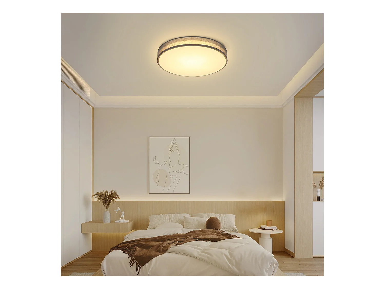 NETTLIFE Plafonnier Abat-Jour Rond Tissu Gris Moderne Cuisine Salle de bain Chambre à coucher Hall 30CM 12W