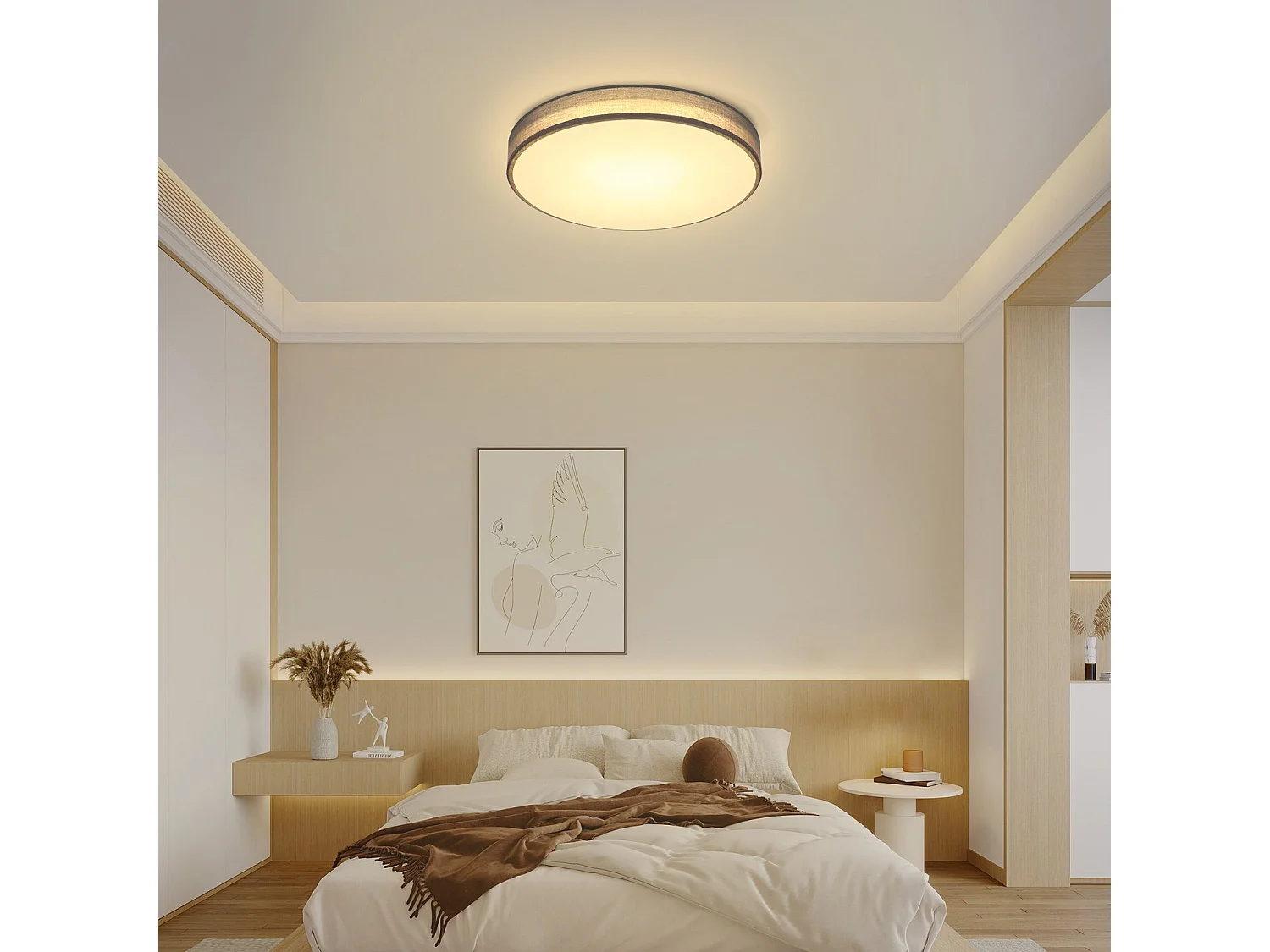 NETTLIFE Plafonnier Abat-Jour Rond Tissu Gris Moderne Cuisine Salle de bain Chambre à coucher Hall 30CM 12W