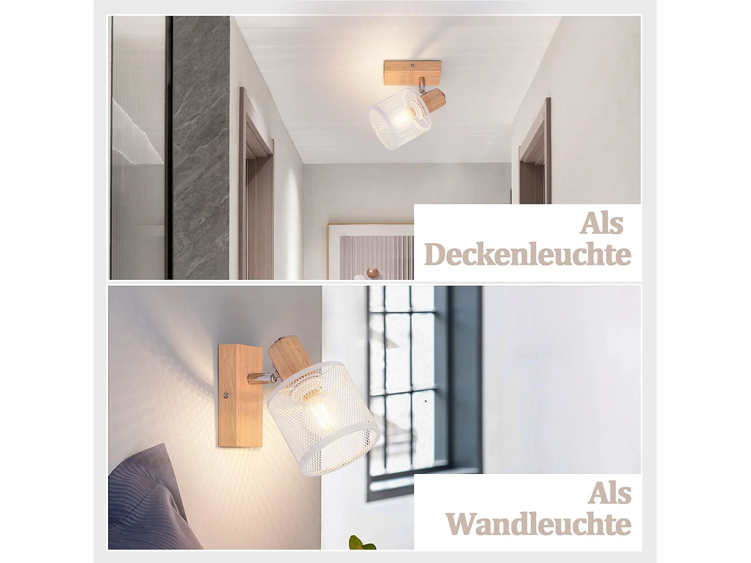 NETTLIFE Opbouwspot Hout wit cilinder 1-lichts E14 Fitting 350° draaibar Plafondspot Kooiontwerp  Max.40W Vintage Plafondlamp