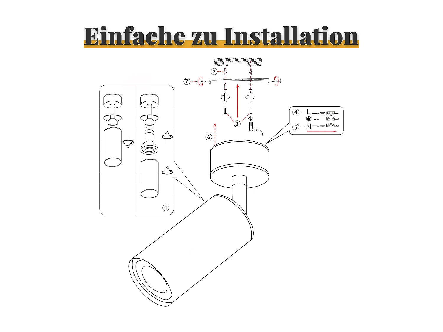 NETTLIFE Plafonnier LED spot de plafond GU10 rotative à 330°métal vintage rétro