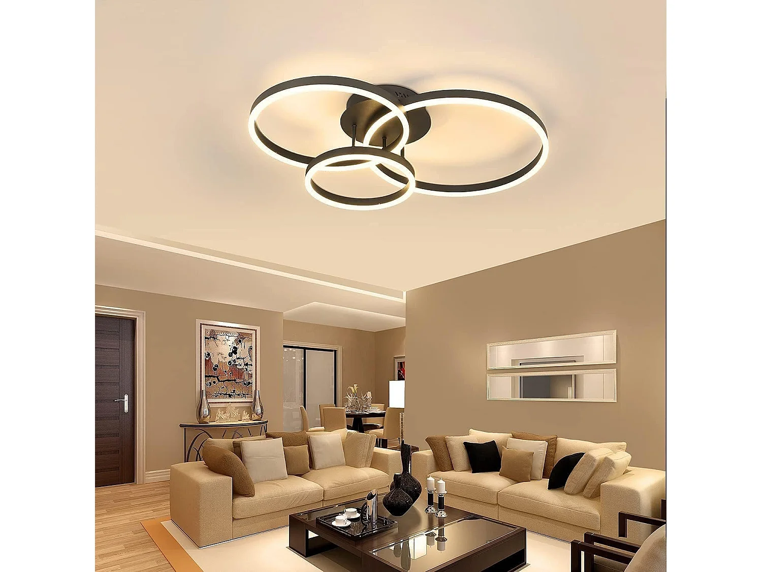 NETTLIFE Lampe plafond LED noire réglable, 82cm, avec télécommande, 74W, design 3 anneaux en acryl