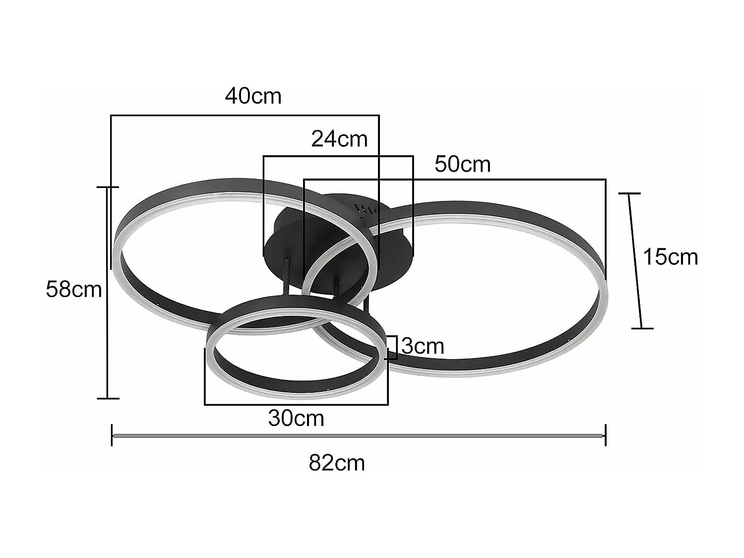 NETTLIFE Lampe plafond LED noire réglable, 82cm, avec télécommande, 74W, design 3 anneaux en acryl