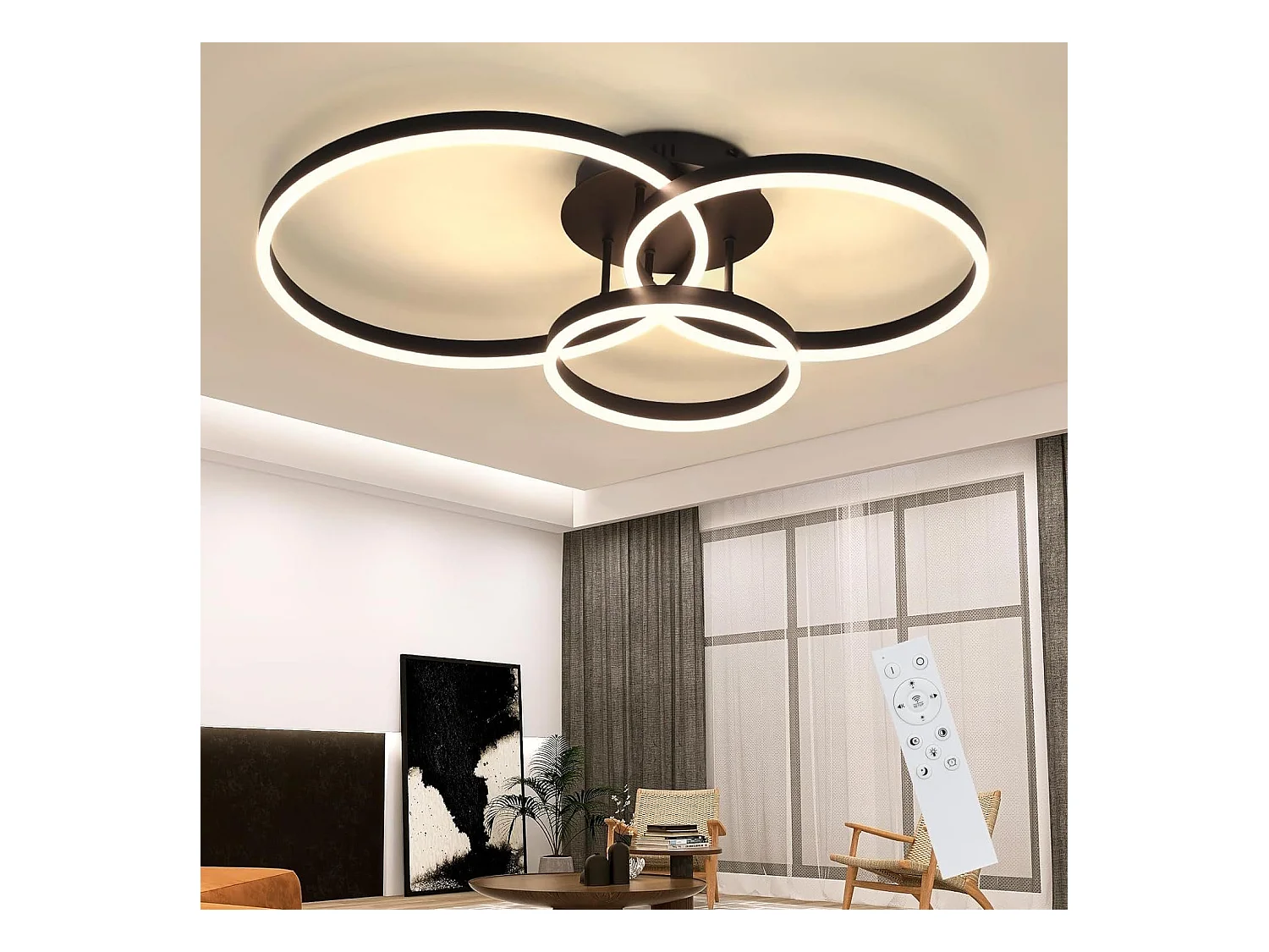 NETTLIFE Lampe plafond LED noire réglable, 82cm, avec télécommande, 74W, design 3 anneaux en acryl