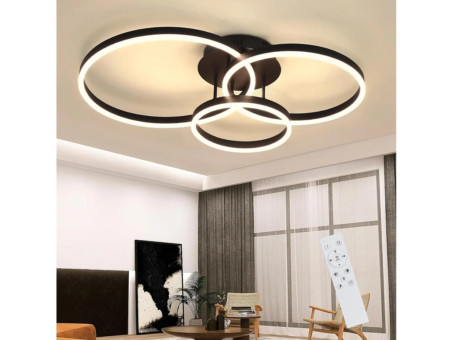 NETTLIFE Lampe plafond LED noire réglable, 82cm, avec télécommande, 74W, design 3 anneaux en acryl
