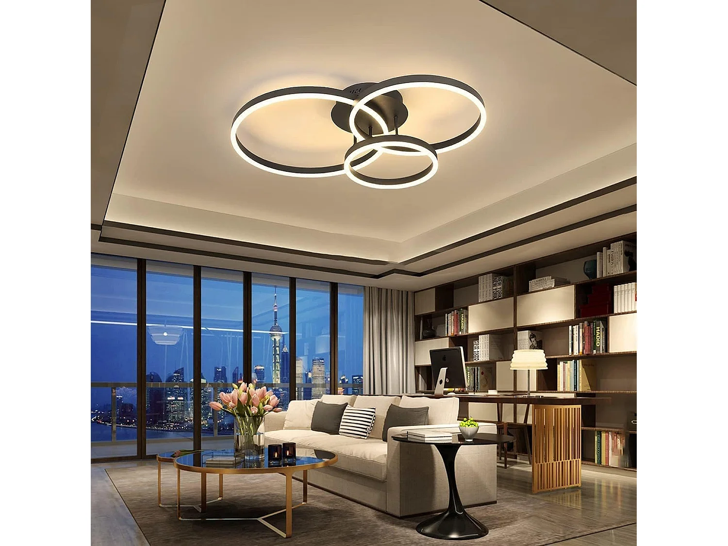 NETTLIFE Lampe plafond LED noire réglable, 82cm, avec télécommande, 74W, design 3 anneaux en acryl