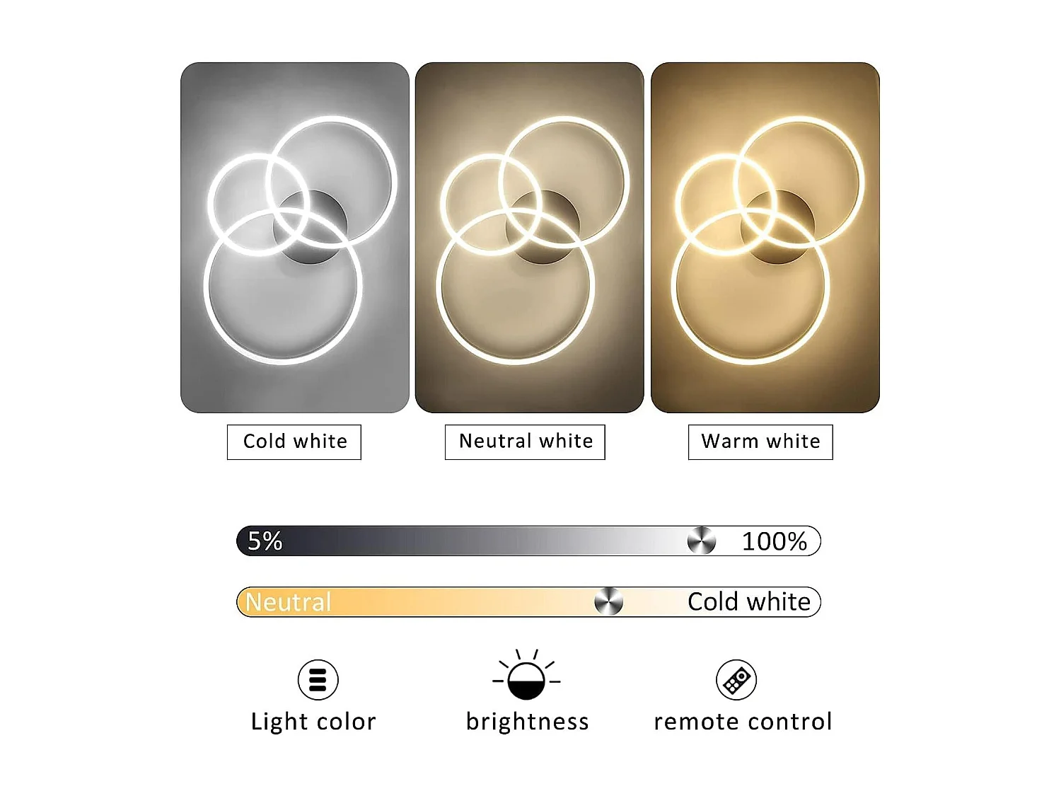 NETTLIFE Lampe plafond LED noire réglable, 82cm, avec télécommande, 74W, design 3 anneaux en acryl