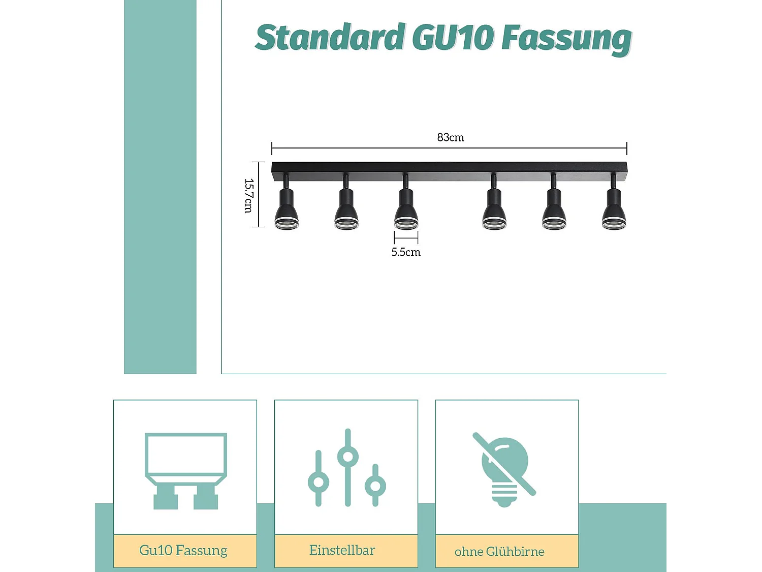 NETTLIFE Opbouwspot GU10 L 83cm zwart 6-Lichts rechthoekig  Plafondlamp 355° draaibaar Plafondspot creatief ontwerp Lampkap