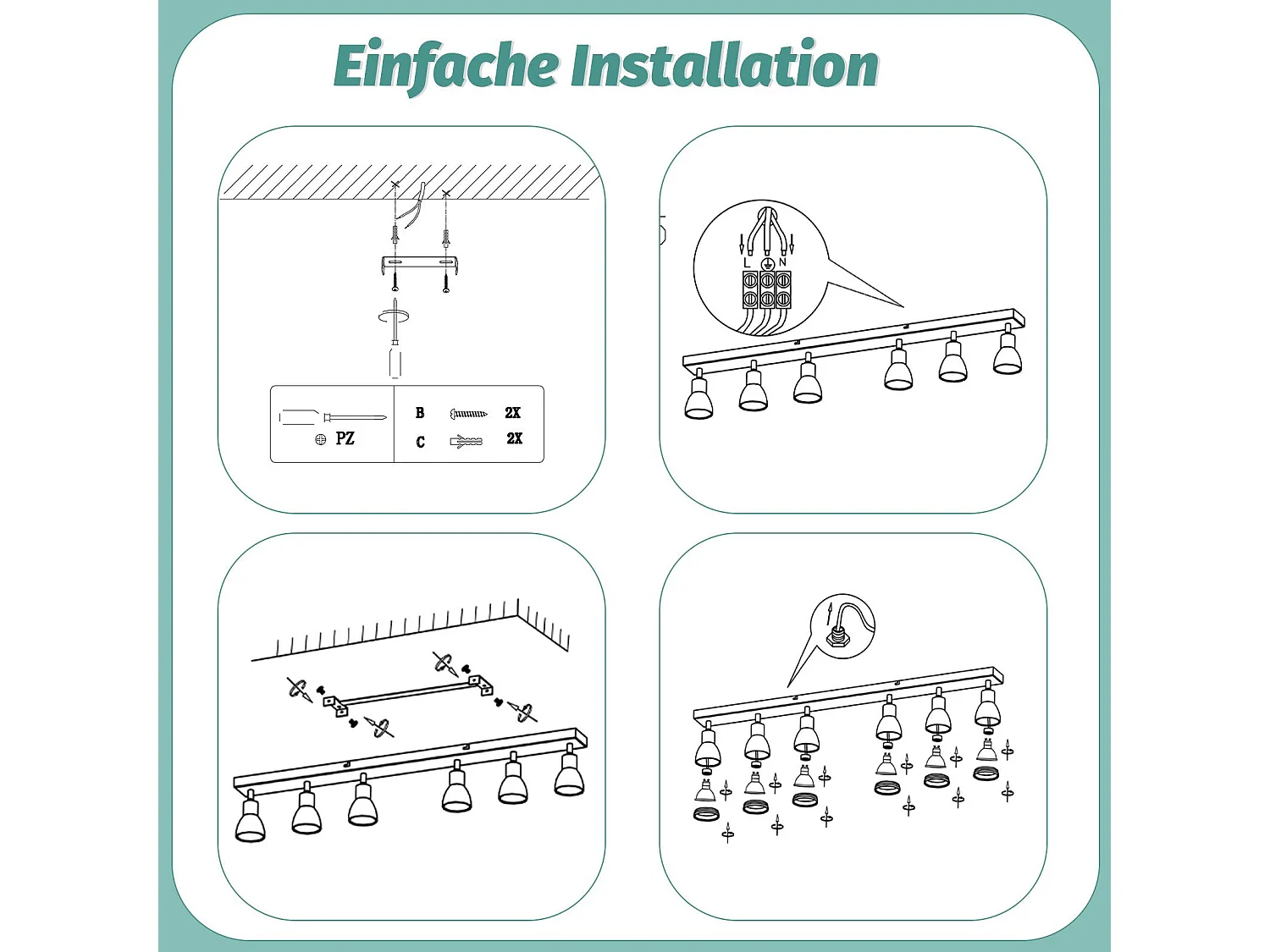 NETTLIFE Opbouwspot GU10 L 83cm zwart 6-Lichts rechthoekig  Plafondlamp 355° draaibaar Plafondspot creatief ontwerp Lampkap