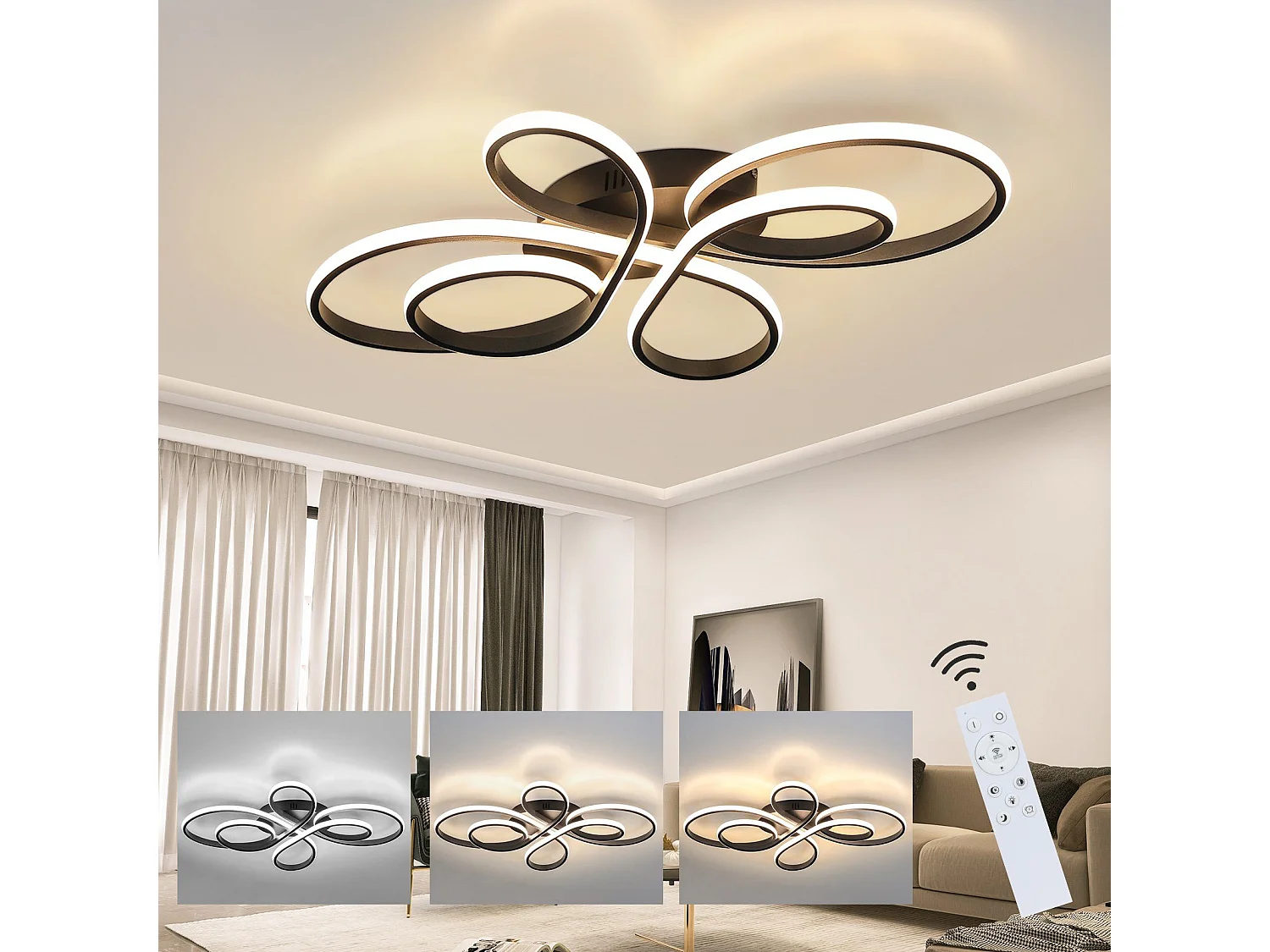 NETTLIFE Lampa sufitowa LED z możliwością przyciemniania, duża, 100 cm, salon, 90 W, nowoczesna, czarna, z pilotem