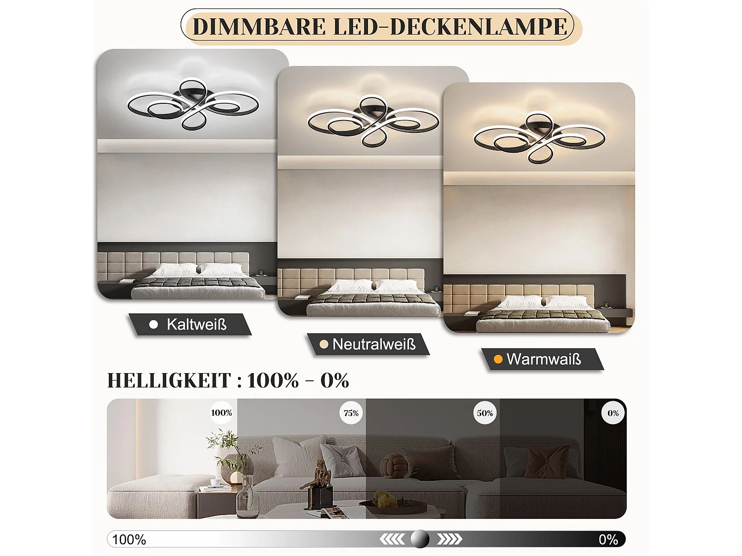 NETTLIFE Lampa sufitowa LED z możliwością przyciemniania, duża, 100 cm, salon, 90 W, nowoczesna, czarna, z pilotem