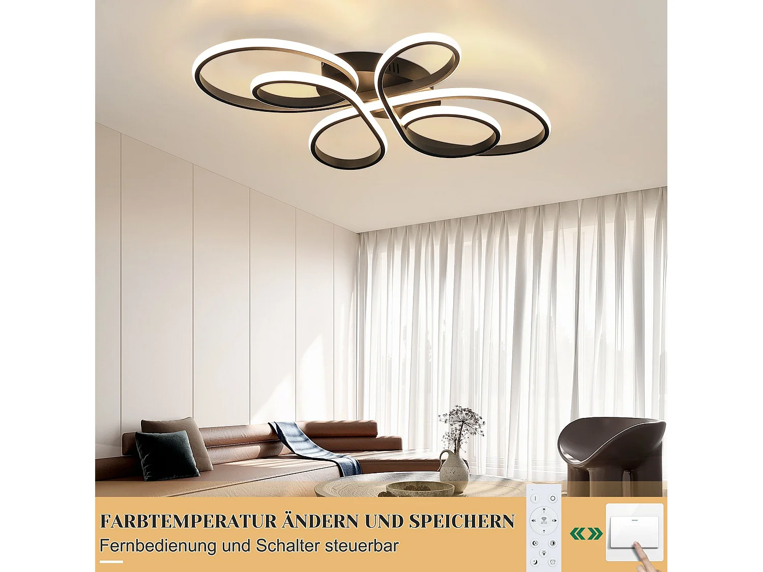 NETTLIFE Lampa sufitowa LED z możliwością przyciemniania, duża, 100 cm, salon, 90 W, nowoczesna, czarna, z pilotem