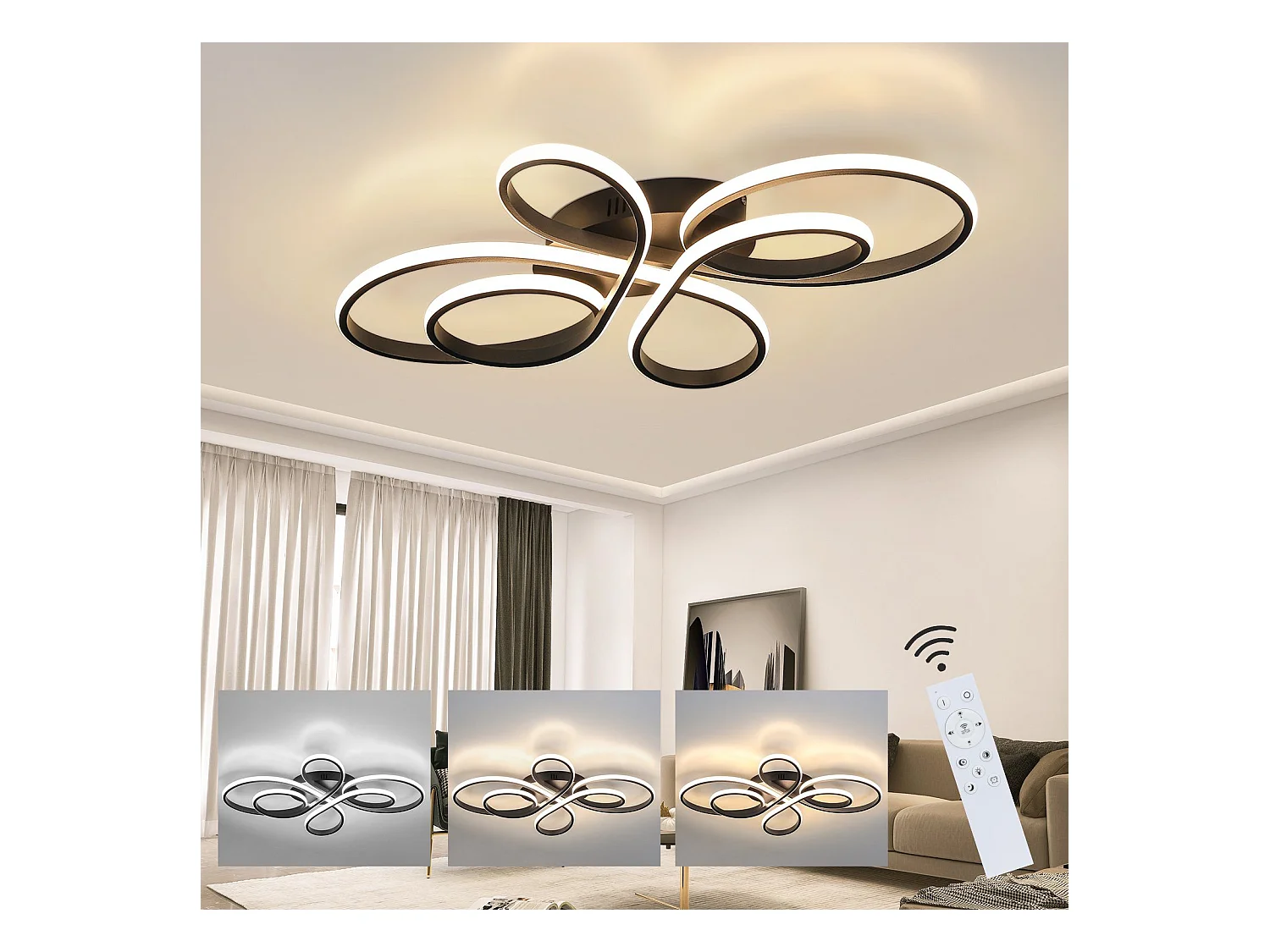 NETTLIFE Plafonnier LED Dimmable Grand 100cm Salon 90W Moderne Noir avec Télécommande