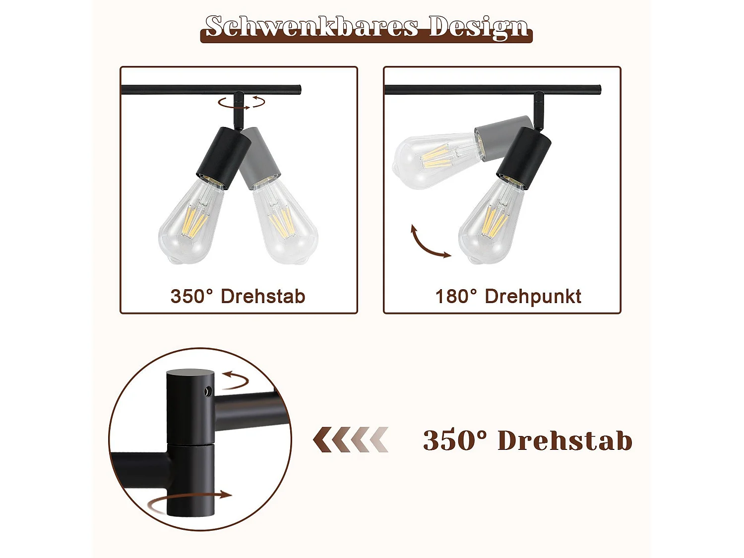 Deckenspot schwarz Deckenleuchte E27 Vintage 6 flammig 350° schwenkbar Industrial