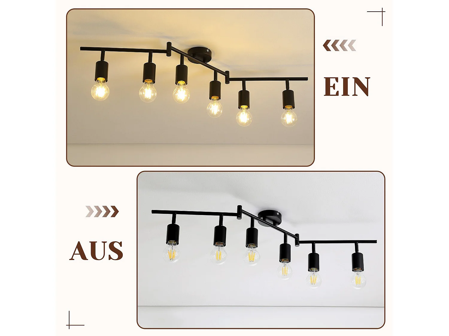 Deckenspot schwarz Deckenleuchte E27 Vintage 6 flammig 350° schwenkbar Industrial