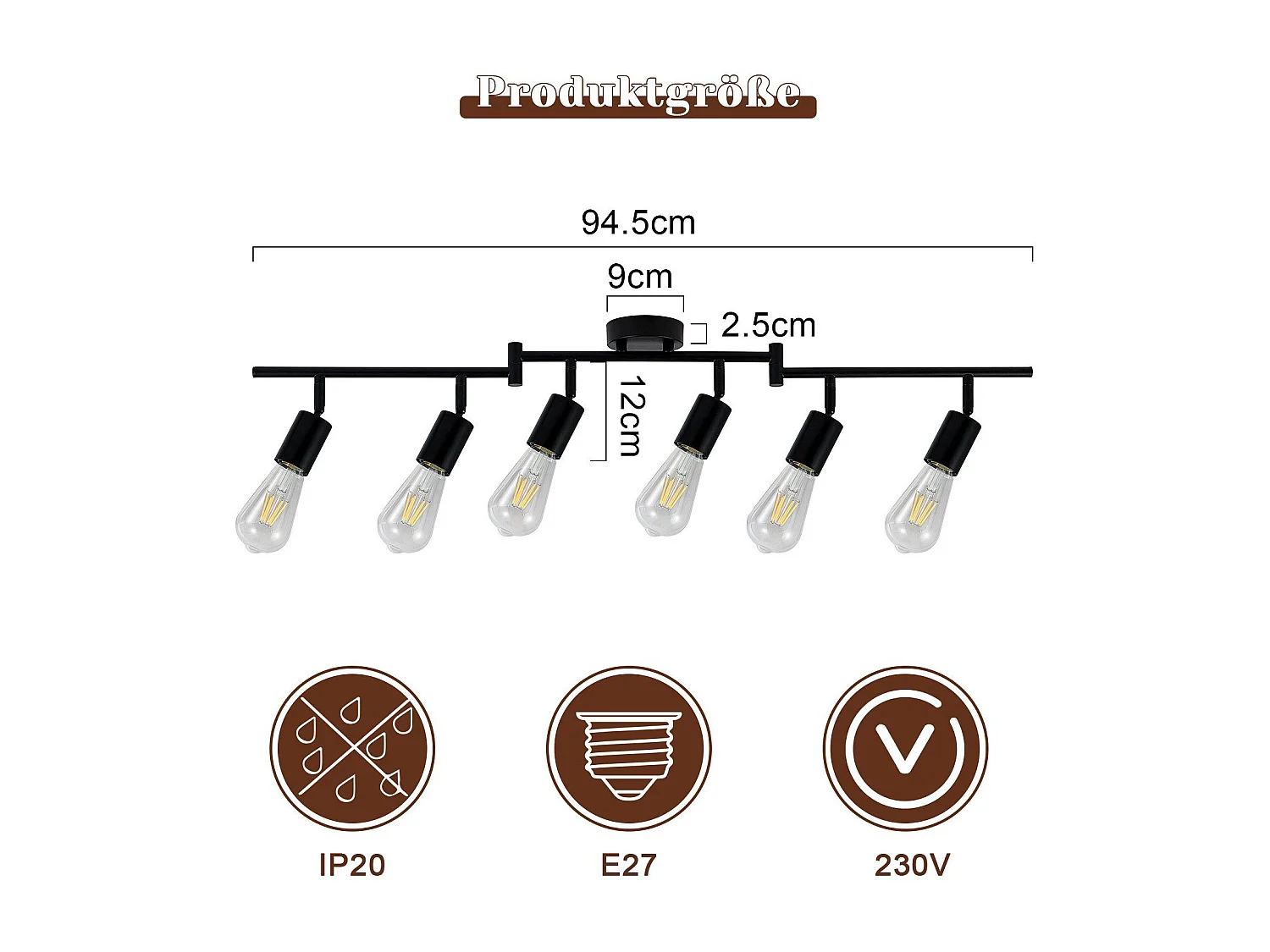 NETTLIFE Spot de plafond plafonnier noir E27 vintage 6 flammes plafonnier orientable 350°industriels