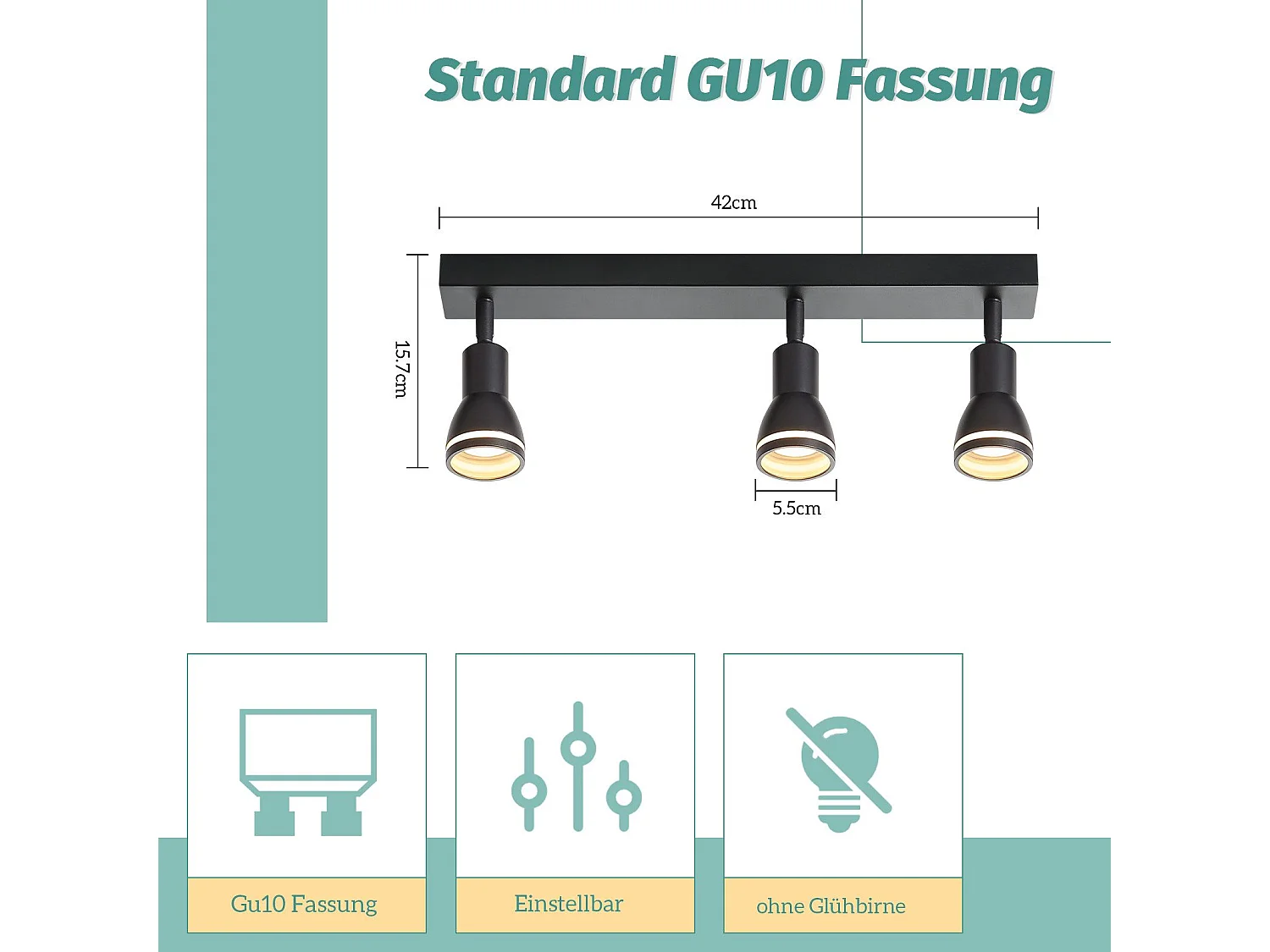 NETTLIFE Opbouwspot GU10 L 42cm zwart 3-Lichts rechthoekig  Plafondlamp 355° draaibaar Plafondspot creatief ontwerp Lampkap