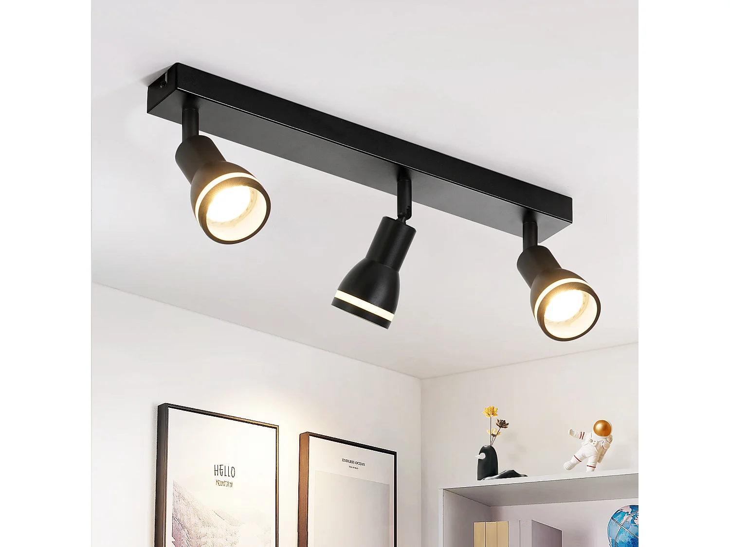 NETTLIFE Plafonnier noir moderne : 3 spots de plafond orientables en métal, plafonnier GU10, pour chambre, salle à manger, sans ampoule