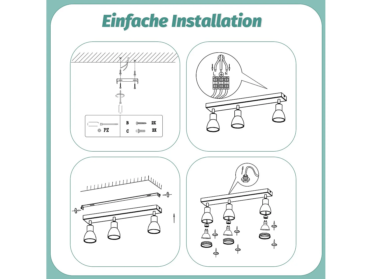 NETTLIFE Plafonnier noir moderne : 3 spots de plafond orientables en métal, plafonnier GU10, pour chambre, salle à manger, sans ampoule