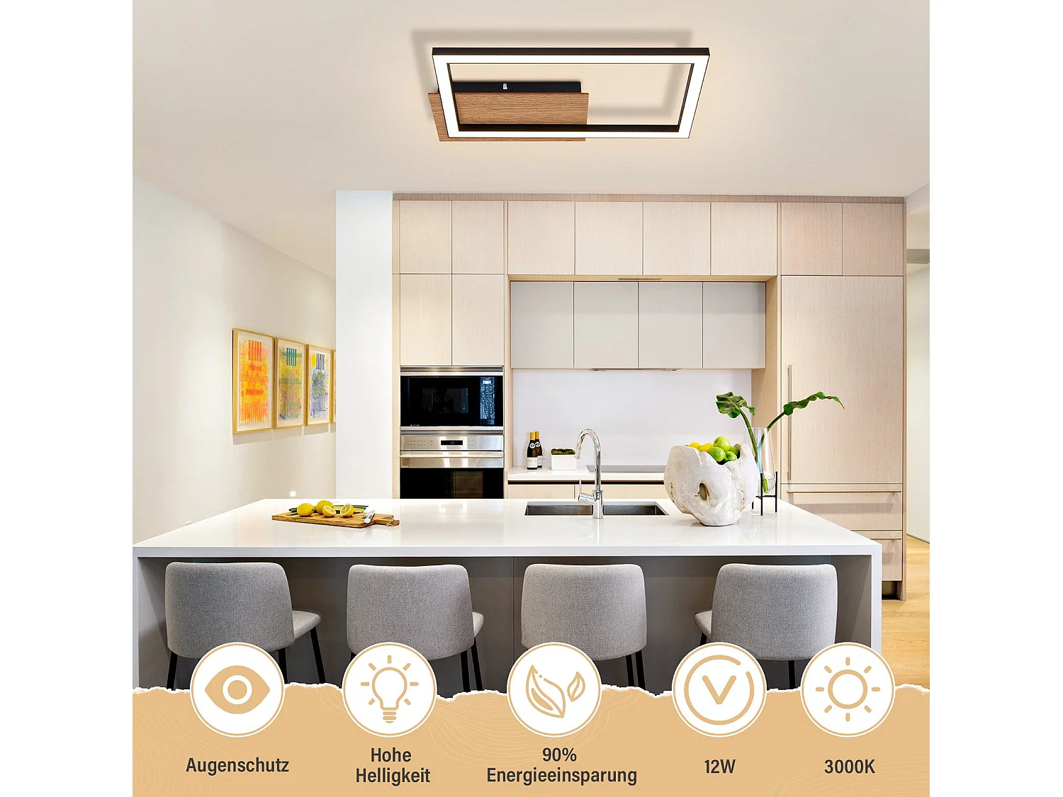 NETTLIFE LED Deckenleuchte Küchenlampe Modern Holz Schwarz 3000K Warmweiß Schlafzimmerlampe