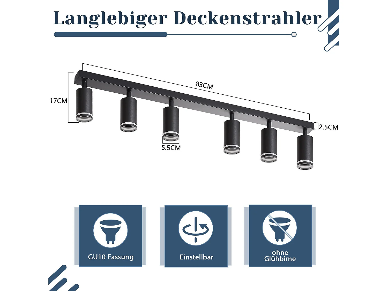 NETTLIFE Opbouwspot GU10 zwart L 83cm rechthoekig Moderne Plafondlamp 355° draaibaar Plafondspot 6-Lichts cilinder Lampkap voor Slaafkamer Kantoor Woonkamer Max.25W