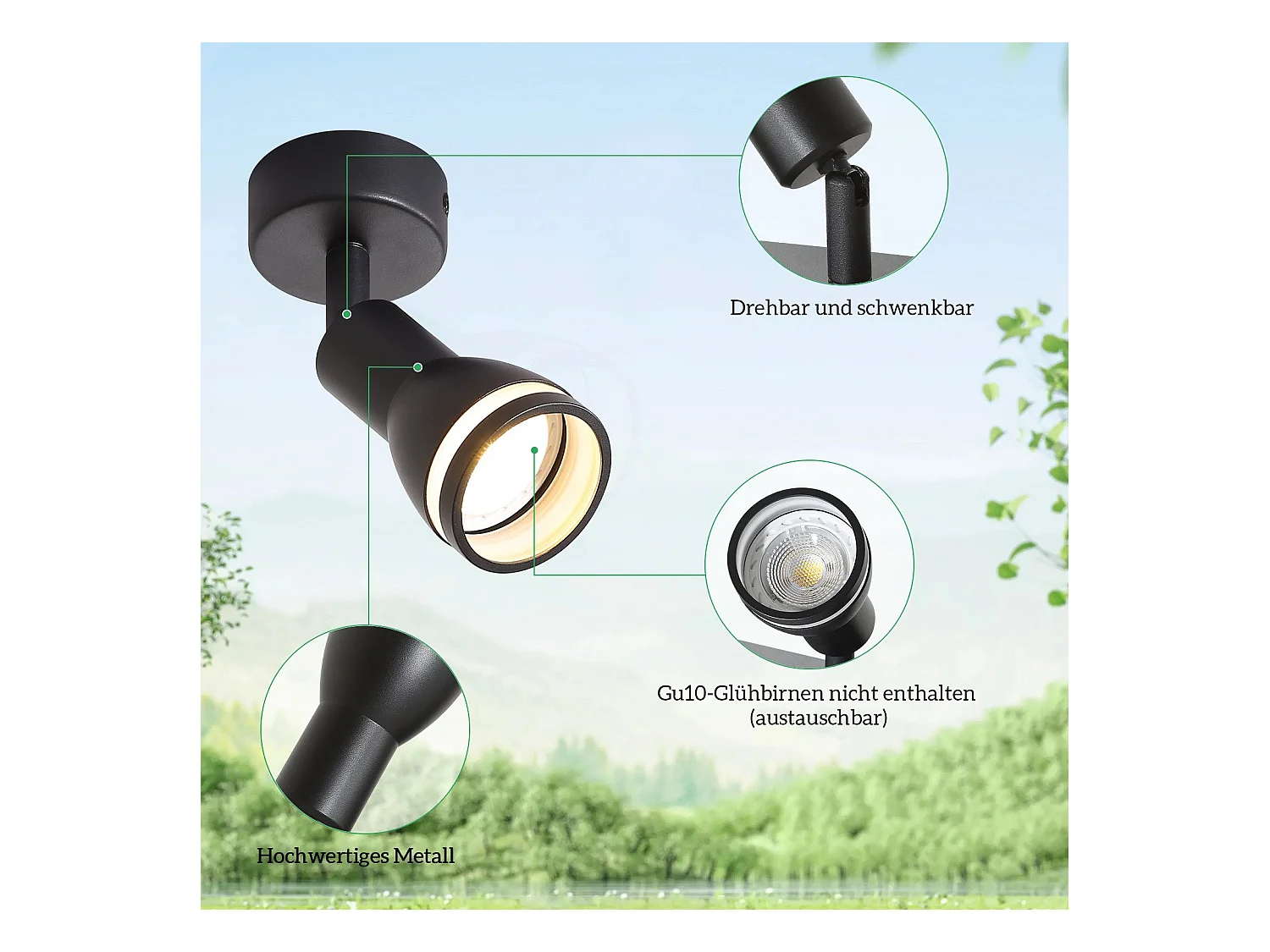 NETTLIFE Spot de plafond LED 1 ampoule noir salon plafonnier orientable GU10 spot lampe moderne