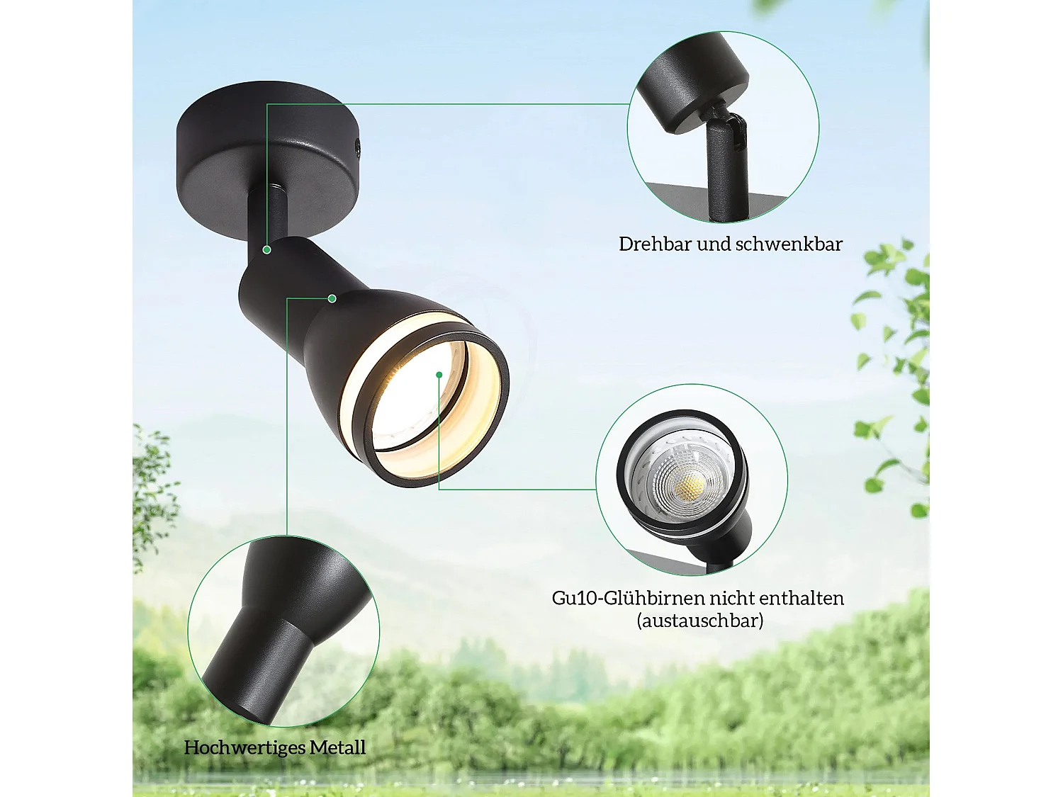 NETTLIFE Spot de plafond LED 1 ampoule noir salon plafonnier orientable GU10 spot lampe moderne