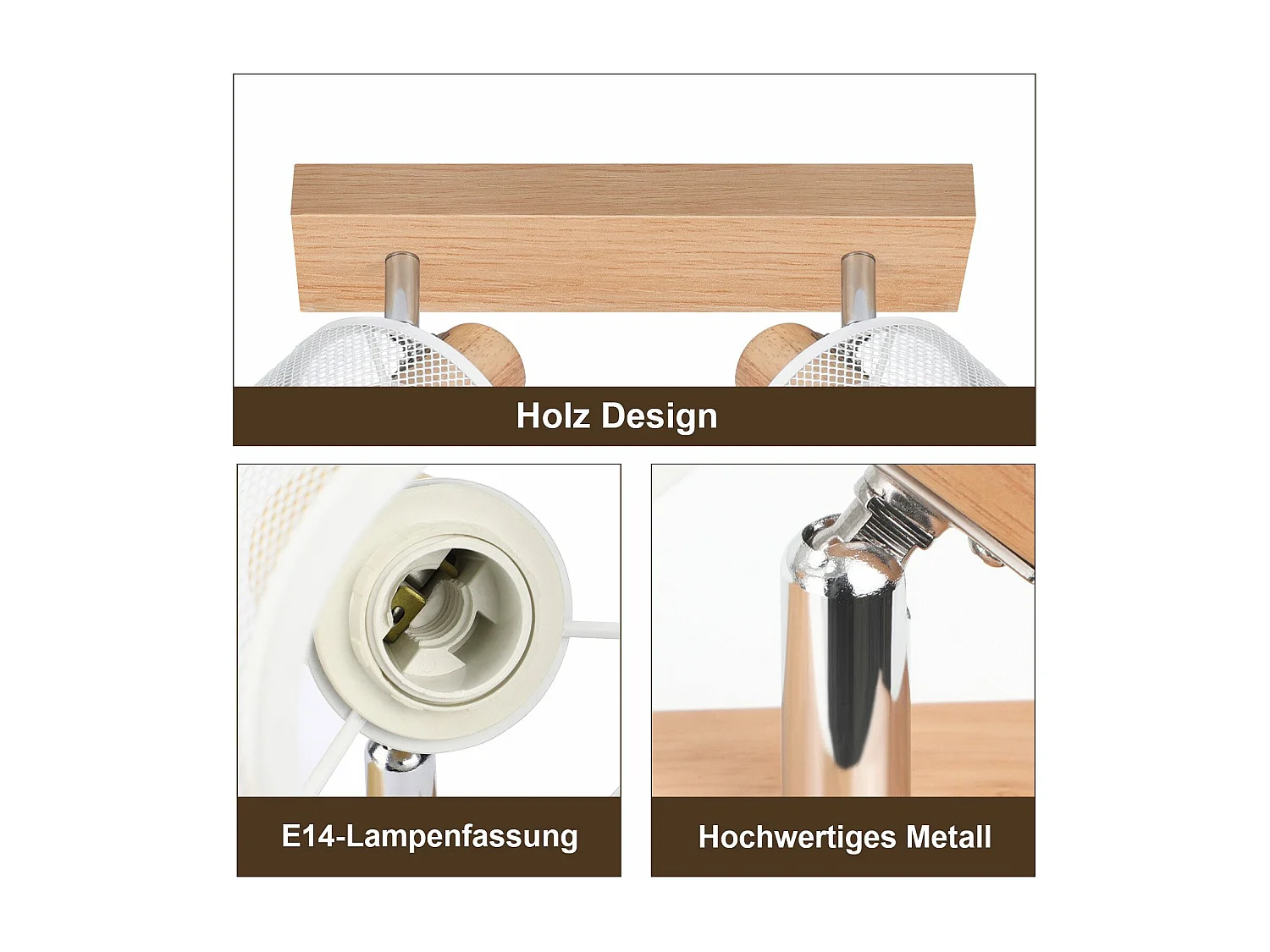 NETTLIFE Plafón con 2 focos, aspecto blanco a imitación de madera - plafón E14 orientable 350°, máximo 4 bombillas de 25w, moderno para salón, dormitorio y cocina.