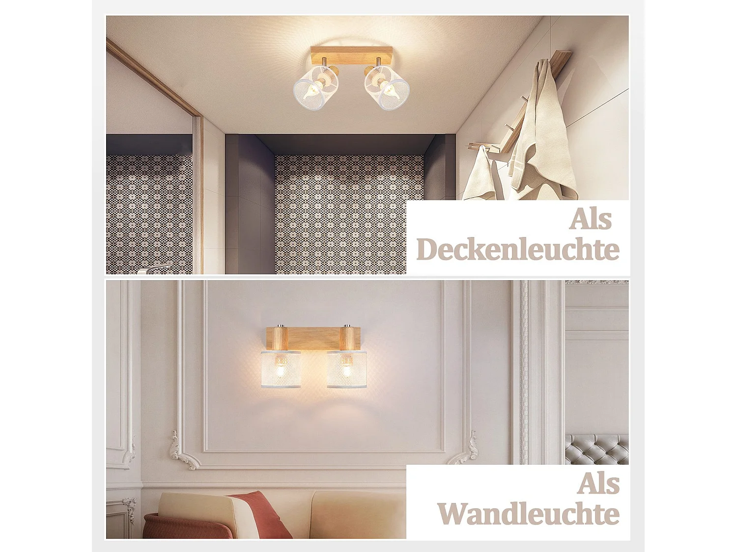 NETTLIFE Plafón con 2 focos, aspecto blanco a imitación de madera - plafón E14 orientable 350°, máximo 4 bombillas de 25w, moderno para salón, dormitorio y cocina.