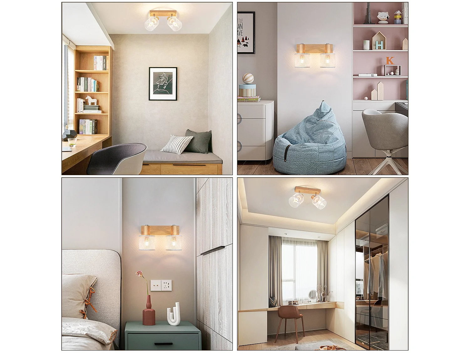 NETTLIFE Plafón con 2 focos, aspecto blanco a imitación de madera - plafón E14 orientable 350°, máximo 4 bombillas de 25w, moderno para salón, dormitorio y cocina.