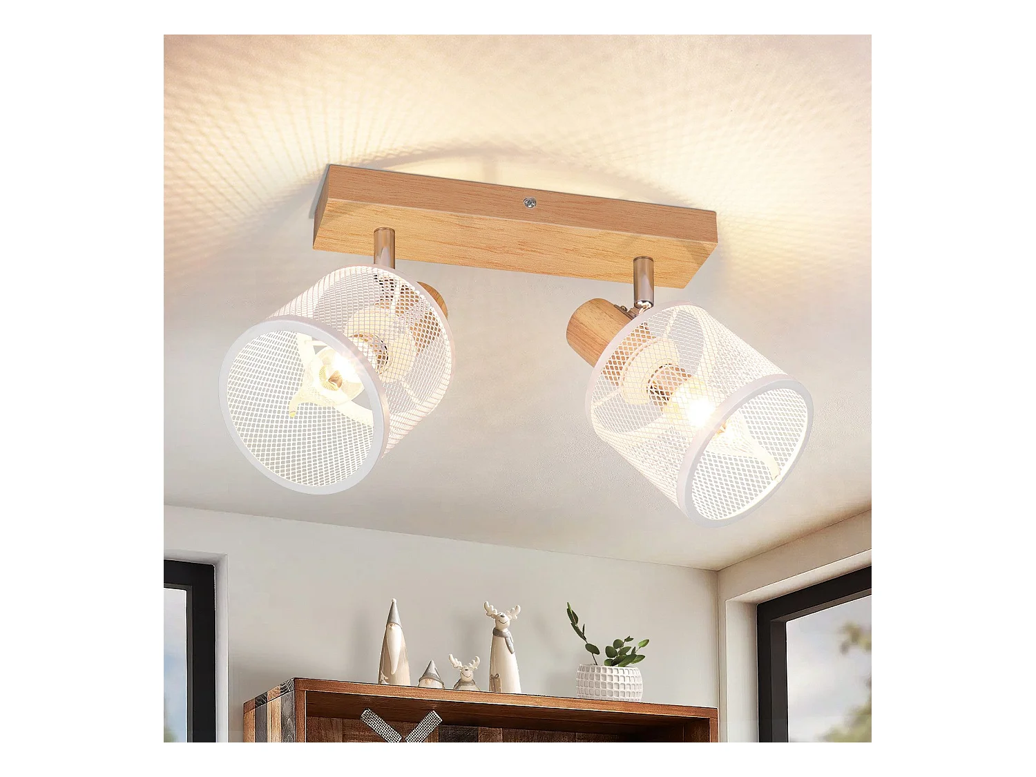 NETTLIFE Opbouwspot Hout wit cilinder 2-lichts E14 Fitting 350° draaibar Plafondspot Kooiontwerp  Max.25W Vintage Plafondlamp