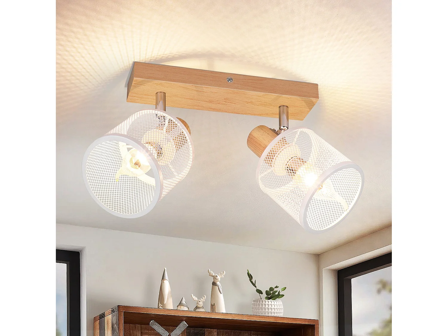 NETTLIFE Plafón con 2 focos, aspecto blanco a imitación de madera - plafón E14 orientable 350°, máximo 4 bombillas de 25w, moderno para salón, dormitorio y cocina.