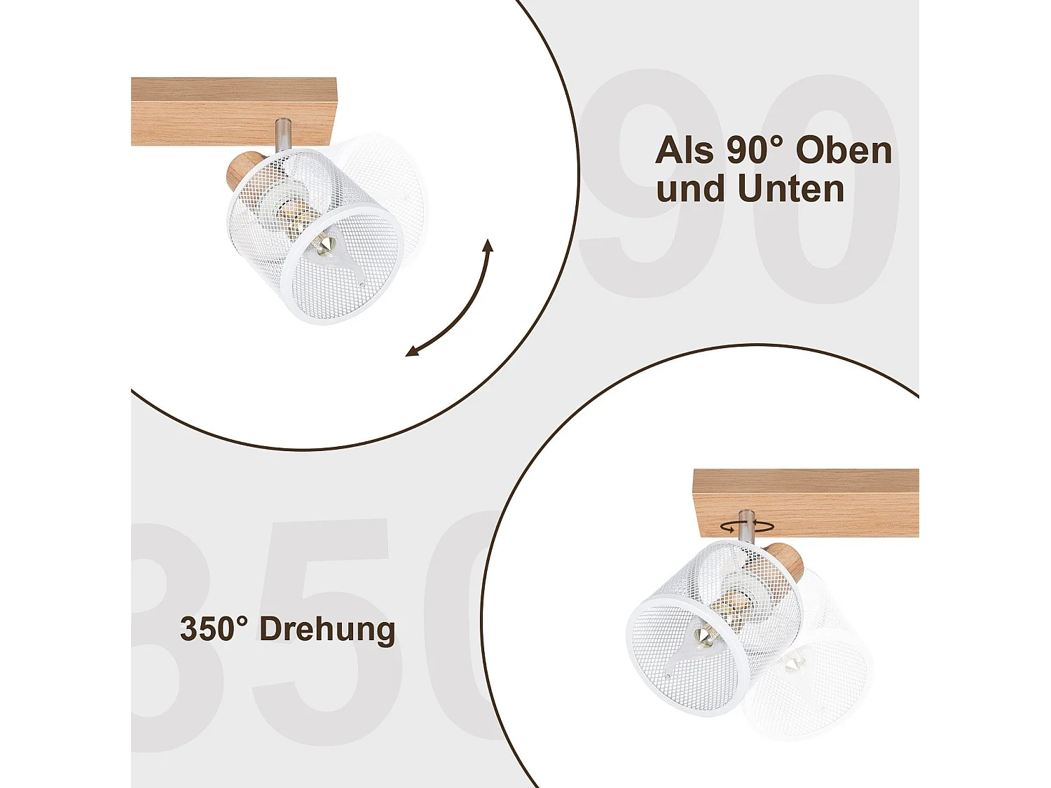 NETTLIFE Plafonnier 2 Spots blanc aspect  bois - plafonnier E14 orientable 350° 4 ampoules max 25w moderne pour salon chambre cuisine.