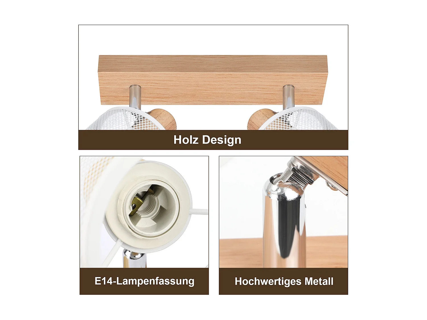 NETTLIFE Plafonnier 2 Spots blanc aspect  bois - plafonnier E14 orientable 350° 4 ampoules max 25w moderne pour salon chambre cuisine.