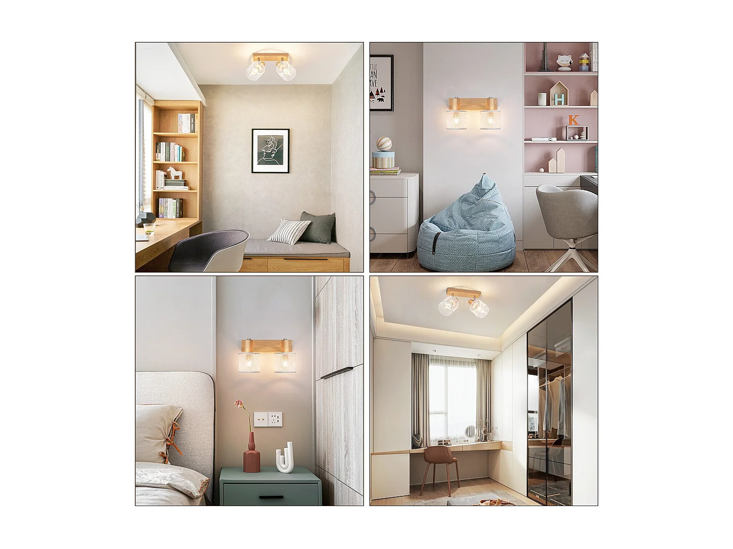 NETTLIFE Plafonnier 2 Spots blanc aspect  bois - plafonnier E14 orientable 350° 4 ampoules max 25w moderne pour salon chambre cuisine.