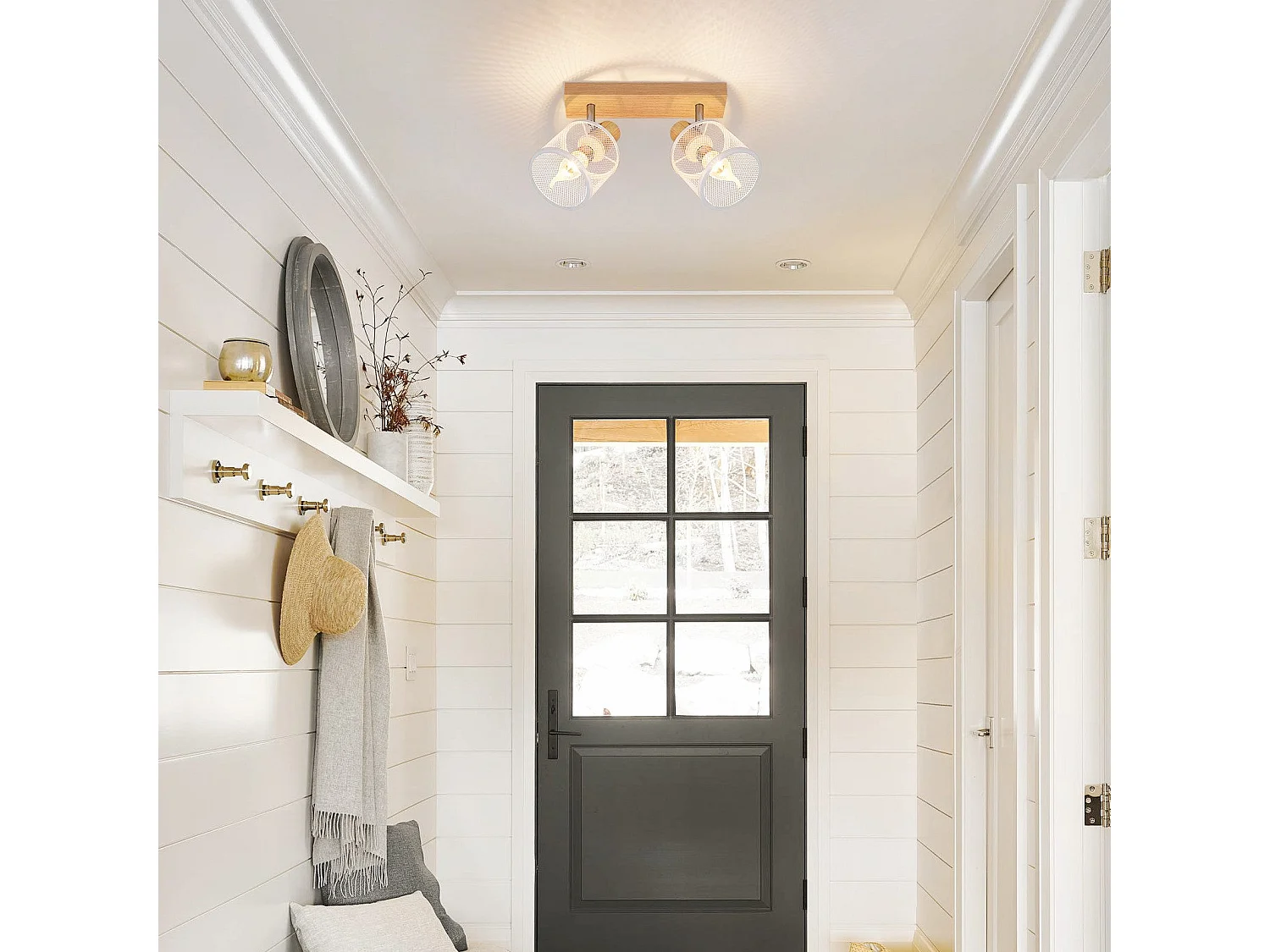 NETTLIFE Plafonnier 2 Spots blanc aspect  bois - plafonnier E14 orientable 350° 4 ampoules max 25w moderne pour salon chambre cuisine.