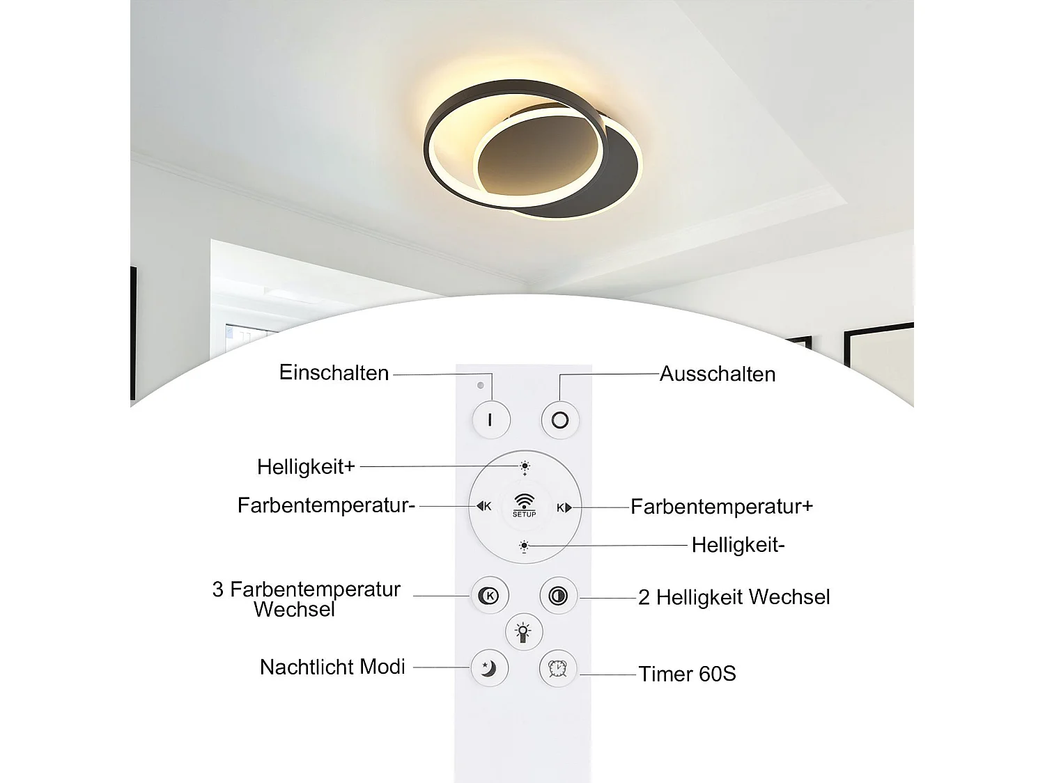 NETTLIFE Plafondlamp - LED - Ø 41 cm - Moderne Zwart plafonniére - 35W - 2 Ronde ring - 3000K-6500K Instelbare Kleurtemperatuur