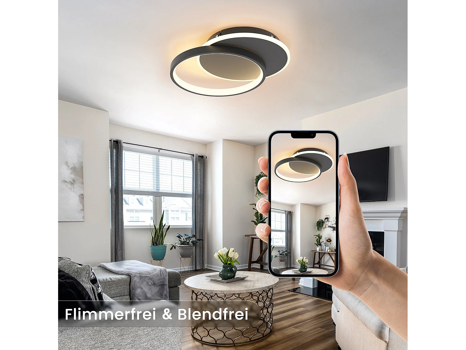 NETTLIFE Plafondlamp - LED - Ø 41 cm - Moderne Zwart plafonniére - 35W - 2 Ronde ring - 3000K-6500K Instelbare Kleurtemperatuur