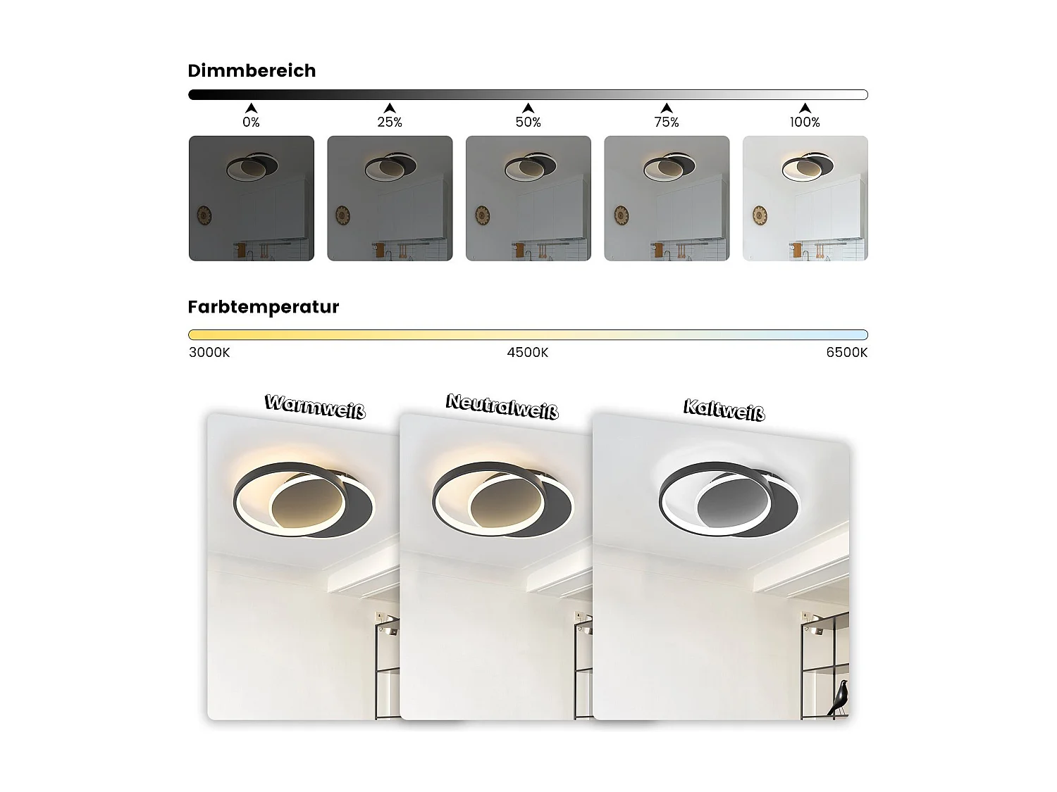 NETTLIFE Plafondlamp - LED - Ø 41 cm - Moderne Zwart plafonniére - 35W - 2 Ronde ring - 3000K-6500K Instelbare Kleurtemperatuur