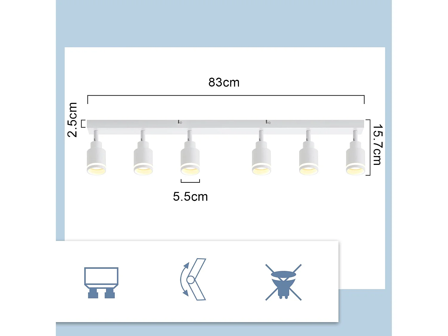 NETTLIFE Plafonnier Blanc moderne : 6 spots de plafond orientables,  en métal, GU10 pour bureau, chambre, salle à manger, sans ampoule