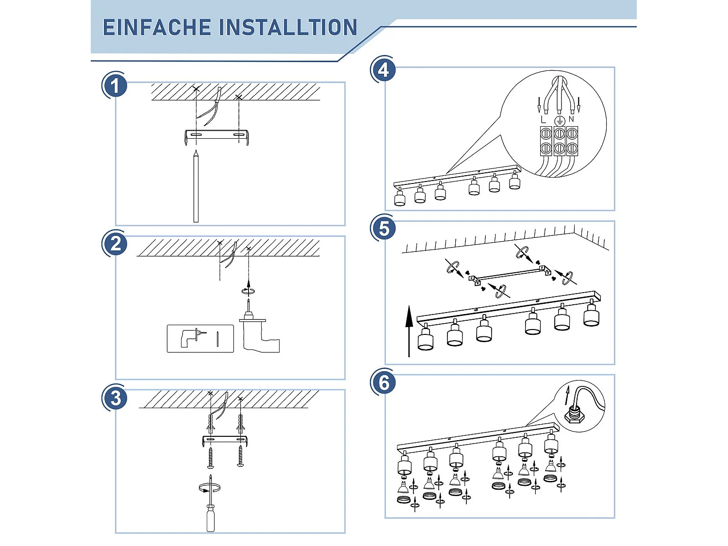 NETTLIFE Plafonnier Blanc moderne : 6 spots de plafond orientables,  en métal, GU10 pour bureau, chambre, salle à manger, sans ampoule