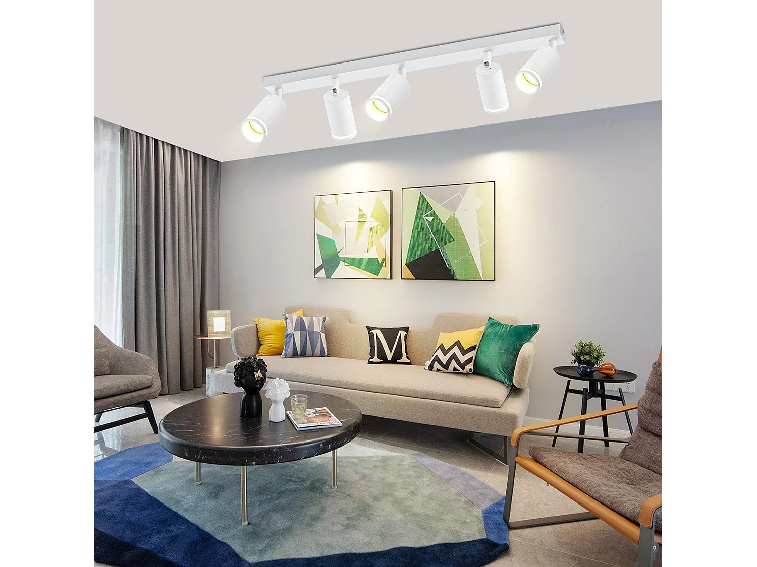 NETTLIFE Lámpara de techo moderna con 5 focos: focos blancos GU10 orientables 355°, interior de metal para cocina, salón, dormitorio, sin bombilla