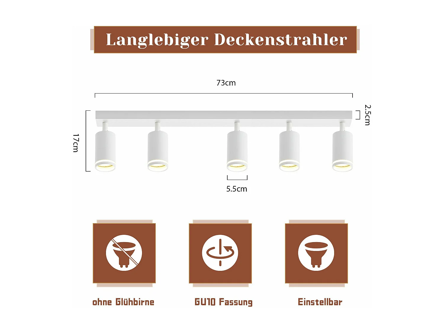 NETTLIFE Moderne plafondlamp met 5 lampen: 355° verstelbare witte GU10-spots, metalen binnenkant voor keuken, woonkamer, slaapkamer, zonder lamp