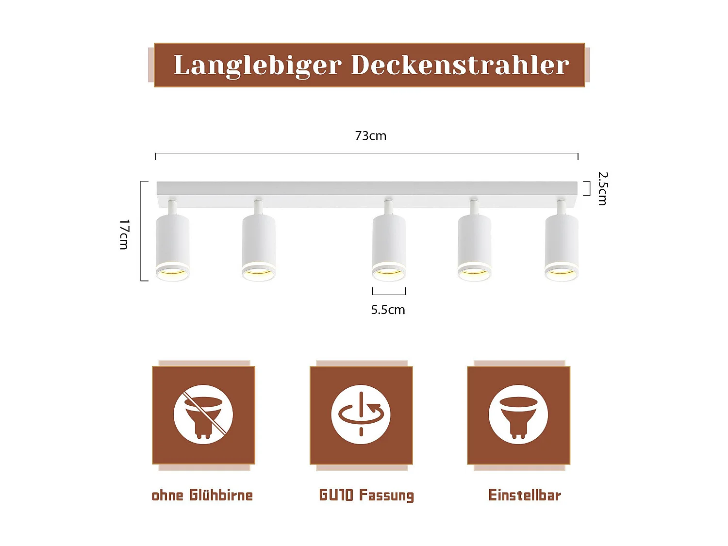 NETTLIFE Plafonnier 5 Spots moderne : plafonnier blanc spot GU10 spots orientables à 355°métal intérieur pour cuisine, salon, chambre, sans ampoule